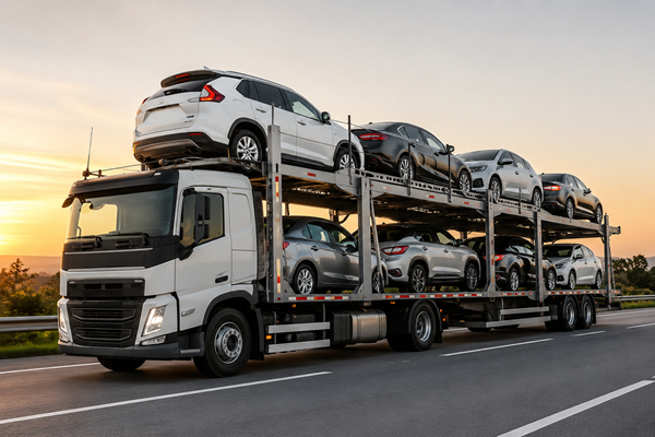 Transporte de veículos em caminhão-cegonha para todo o Brasil, com integração ao transporte fluvial em balsa para a Região Norte.