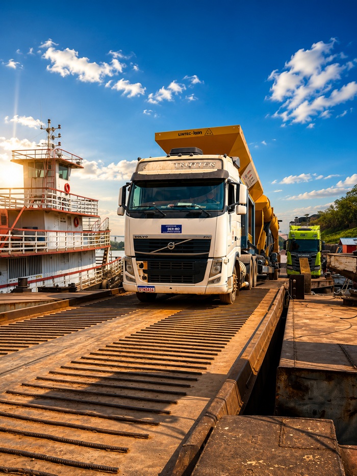 Transporte de caminhões, carretas, ônibus e implementos rodoviários em balsa para a Região Norte.